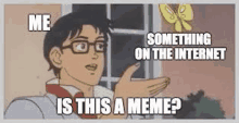 a cartoon of a man with glasses making a meme .