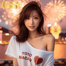 a woman wearing a white toto macau shirt