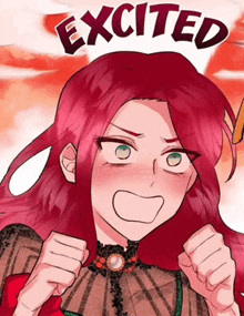 a woman with red hair and green eyes is excited with her fists in the air