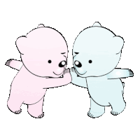 two teddy bears , one pink and one blue , are standing next to each other .