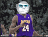 a basketball player wearing a monkey mask and sunglasses is wearing a lakers jersey