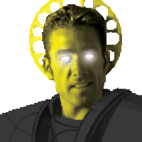 a pixel art of a man with glowing eyes