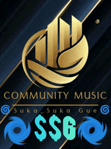 a poster for community music shows a gold logo on a dark background