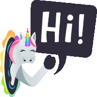 a unicorn with a speech bubble saying hi