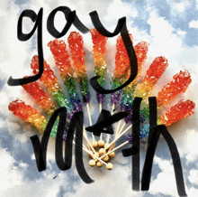 a bunch of rainbow colored rock candy with the words gay youth written in black marker