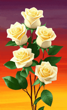 a bunch of yellow roses with green leaves on a purple and orange background