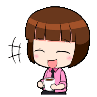 a girl in a pink shirt and tie holds a cup of coffee