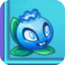 a blueberry with big eyes and a smile on its face is sitting on a green leaf .