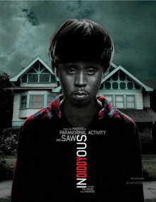 a movie poster for the movie insidious shows a man in front of a house