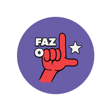 a purple circle with a red hand pointing and the words faz o on it