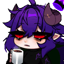 a demon with horns is holding a cup of coffee .