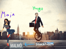 a man riding a unicycle next to a woman with maja and hugo written in green