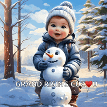 a painting of a child making a snowman with the words grand rising cuz u