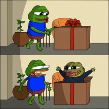 a cartoon of two frogs standing next to a box with a red ribbon