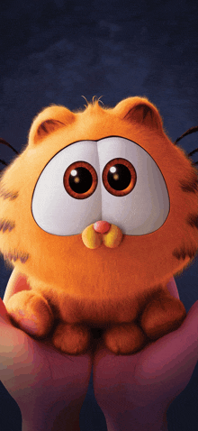 a cartoon cat with big eyes is being held by two hands