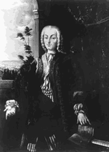 a black and white portrait of a man in a wig sitting in a chair .