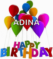 a bunch of colorful balloons with the name adina written on them