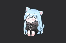 a cartoon girl with blue hair and cat ears is sitting on the floor with her eyes closed .