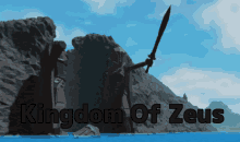 an advertisement for kingdom of zeus with a statue in the background