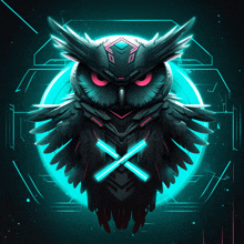 a futuristic owl with glowing red eyes and a blue circle around it