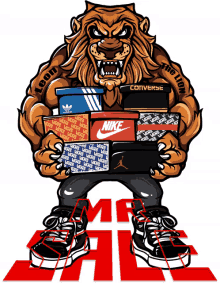 a cartoon of a lion holding a stack of shoes including nike converse and adidas