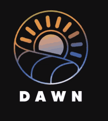 a logo for dawn with a sun in a circle on a black background