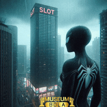 a woman in a spiderman costume stands in front of a slot building