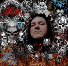 a man is surrounded by skulls and a logo that says darkcore