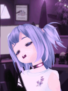 a girl with purple hair and a choker is making a face