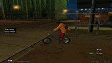 a screenshot of a video game shows a person riding a bike on a sidewalk