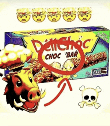 a box of denchoc choc bar cereal with a cartoon pig