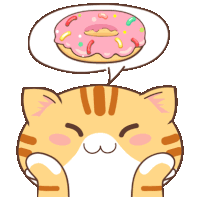 a cat is thinking about a donut with pink frosting