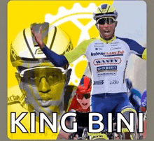 a man wearing a helmet and sunglasses is riding a bike and says king bini .