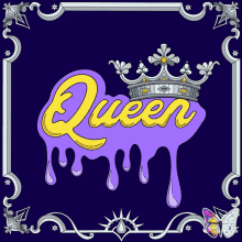 a purple background with a crown and the word queen