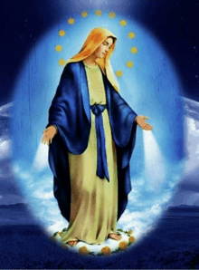 a painting of the virgin mary with a blue robe