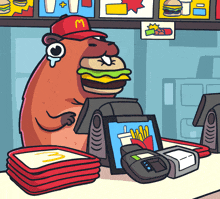 a cartoon hamster wearing a red mcdonald 's hat is eating a hamburger