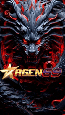 a picture of a dragon with red eyes and the words agen 69 on the bottom .