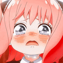 a close up of a pink haired anime girl with tears coming out of her eyes