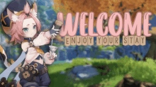 a poster that says welcome enjoy your stay with a cat girl