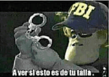 shrek is wearing a fbi hat and holding handcuffs in his hand .