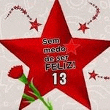 a red star with the words `` sem medo de ser feliz '' written on it and a flower .