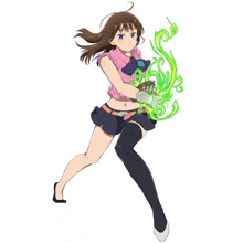 a girl from the seven deadly sins is holding a green flame in her hands .