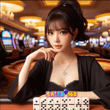 a woman playing dominoes in a casino with ballon 168 written on the bottom