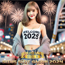 a woman is wearing a white tank top that says welcome 2025