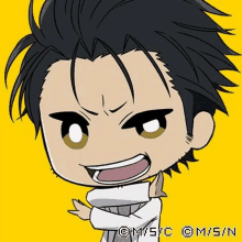 a chibi illustration of a man with black hair and a white shirt .