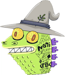 a cartoon drawing of a monster wearing a witch hat with the word ngmi crypt written on it