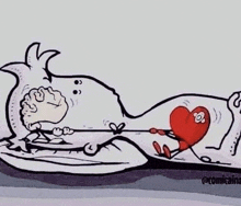 a cartoon of a man pulling a heart out of a woman 's belly .