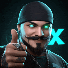 a man with a beard and mustache gives a thumbs up in front of an x