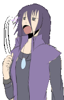 a drawing of a woman with purple hair and a blue pendant