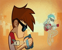 a cartoon of a boy playing a guitar with xd brand new in the corner